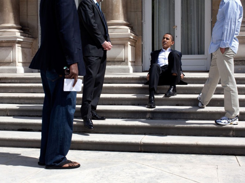 President Barack Obama sits on the steps of the U.S. Ambassador's residence in Paris before returning to Washington, June 7, 2009. (Official White House photo by Pete Souza) This official White House photograph is being made available for publication by news organizations and/or for personal use printing by the subject(s) of the photograph. The photograph may not be manipulated in any way or used in materials, advertisements, products, or promotions that in any way suggest approval or endorsement of the President, the First Family, or the White House.