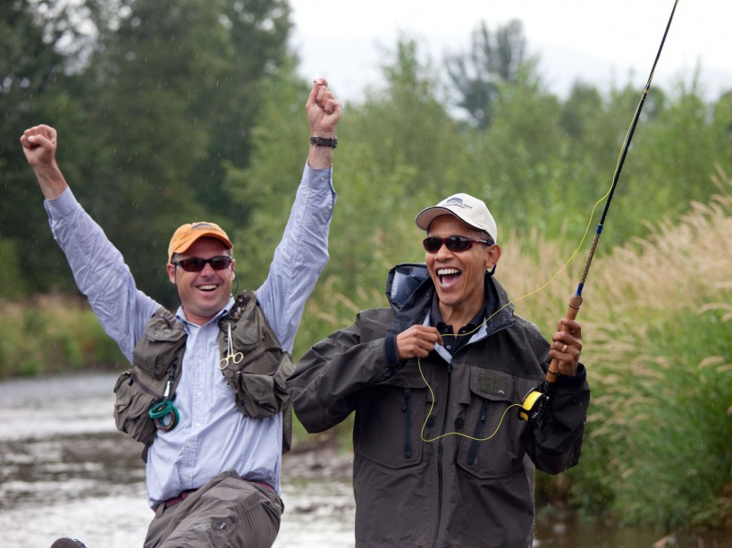 Local fishing guide Dan Vermillion reacts as President Barack Obama hooks a trout on the East Gallatin River near Belgrade, Mont., August 14, 2009. The President hooked about 6 fish, but did not land any during his first fly fishing outing. (Official White House photo by Pete Souza) This official White House photograph is being made available only for publication by news organizations and/or for personal use printing by the subject(s) of the photograph. The photograph may not be manipulated in any way and may not be used in commercial or political materials, advertisements, emails, products, promotions that in any way suggests approval or endorsement of the President, the First Family, or the White House.