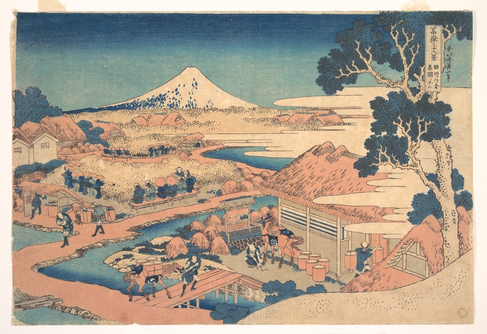 http://www.metmuseum.org/art/collection/search/55290 Artist: Katsushika Hokusai, Japanese, Tokyo (Edo) 1760?1849 Tokyo (Edo), Fuji from the Katakura Tea Fields in Suruga (Sunshu Katakura chaen no Fuji), from the series Thirty-six Views of Mount Fuji (Fugaku sanjurokkei), ca. 1830?32, Polychrome woodblock print; ink and color on paper, H. 10 1/4 in. (26 cm); W. 15 in. (38.1 cm). The Metropolitan Museum of Art, New York. Rogers Fund, 1922 (JP1333)